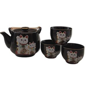 Maneki Neko Lucky Cat Black Ceramic Tea Set Teapot 3 Cups Heisei Japanese Gold